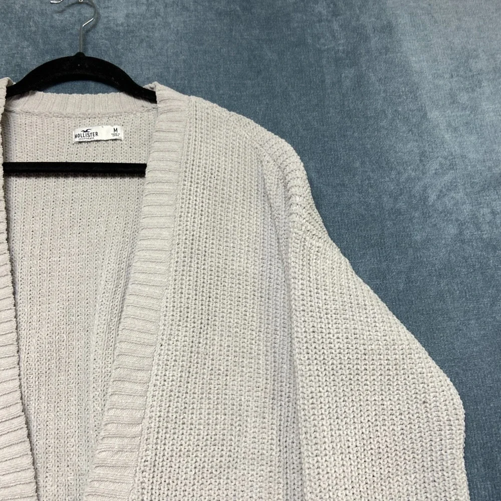 Hollister Cardigan Sweater Womens Medium Gray Open Front Chunky Knit Ribbed Hem